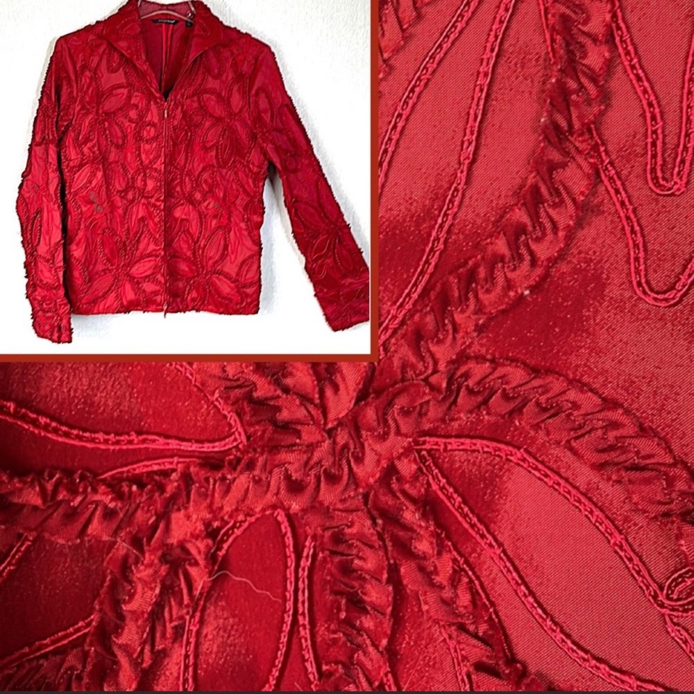 Samuel Dong red floral leaf textured zip up jacket, Red S M , unique design.